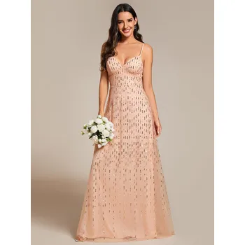 Dámské šaty Maxi dlouhé tylové šaty s flitry na špagetová ramínka Barva: Růžovo-Zlatá, Velikost: L