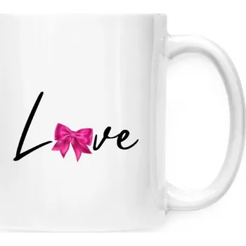 Hrnek malý bílý s potiskem Nápis Love s tmavě růžovou mašlí
