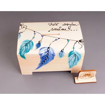 Pokladnička Pokladnička dřevo truhla - věř svým snům, modré peří