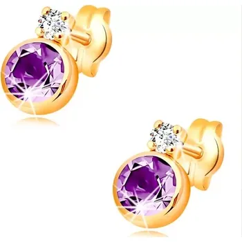 Náušnice Zlaté 14K puzetové náušnice s fialovým ametystem a čirým zirkonem