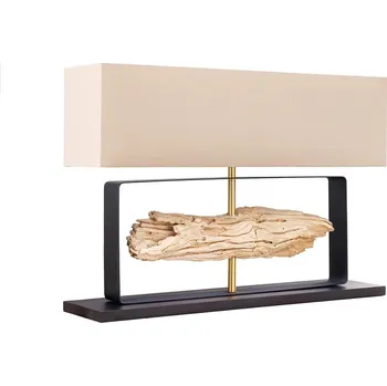 Lampička Designová moderní stolní lampa Rousilique s béžovým stínítkem a černou kovovou podstavou s prvkem z naplaveného dřeva 62 cm