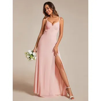 Dámské šaty Šifonové šaty pro družičku s vysokým rozparkem Barva: Růžová, Velikost: XL