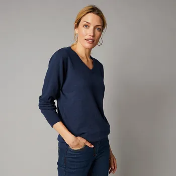 Dámský svetr Pulovr s výstřihem do V, jehněčí vlna nám.modrá 42/44