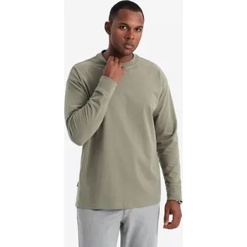 Pánské bavlněné tričko LOOSE FIT s dlouhým rukávem a kulatým výstřihem - khaki V4 OM-LSBC-0129 - XXL