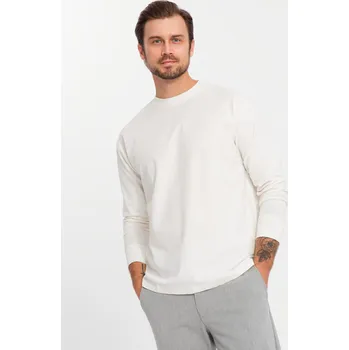 Pánské bavlněné tričko LOOSE FIT s dlouhým rukávem a kulatým výstřihem - krémové V2 OM-LSBC-0129 - S