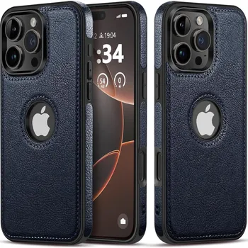 Pouzdro na mobilní telefon Kožený obal s výřezem pro logo iPhone 16 Pro Max Barva: Tmavě modrá