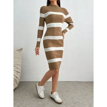 Dámské šaty Dámské pletené pruhované šaty Barva: Hnědá, Velikostní tabulka: S