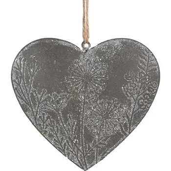 Šedá kovová závěsná dekorace široké srdce s lučními květinami – 10 cm