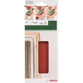 Brusný papír 10x Brusný papír pro vibrační brusku na různé materiály a povrchy Bosch 2609256B10 - 93x230mm, zrnitost 80, bez děr