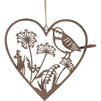 Hnědá kovová závěsná dekorace srdce s ptáčkem a rostlinami – 15 cm