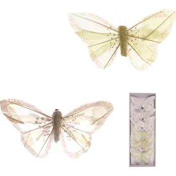 Vánoční dekorace Autronic Motýl s klipem, 6ks v krabičce, bílý s glitry, cena za 1 krabičku - MO1961