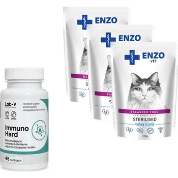 Krmivo pro kočku ENZO VET Sterilised dieta pro sterilizované kočky s krůtím masem v želé 3x100g + LAB-V Immuno Hard 45 tablet