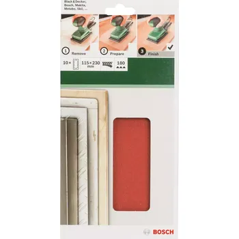 Brusný papír 10x Brusný papír na různé materiály Bosch 2609256B23 - 115x230mm, hr.180, 14 děr, pro vibrační brusku Bosch PSS 200 AC a další