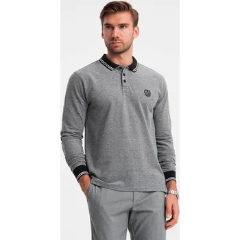 Pánská móda Pánská melanžová polokošile s dlouhým rukávem a výšivkou - černá melanž V1 OM-POLS-0129 - M