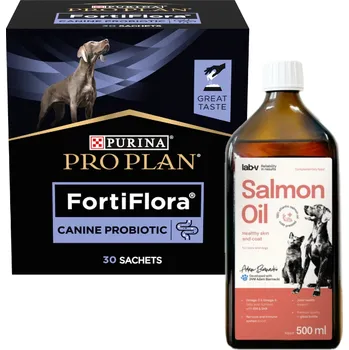 PURINA PVD FortiFlora Dog 30 x 1g + LAB V Lososový olej obohacený o vitamíny 500ml
