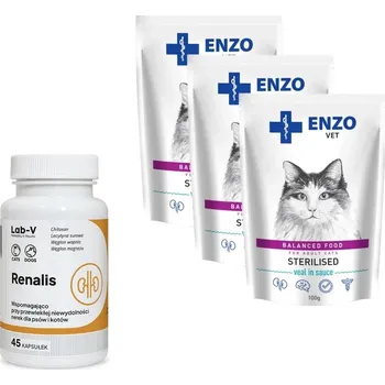 Krmivo pro kočku ENZO VET Sterilised s telecím masem v omáčce 3x100g + LAB-V Renalis 45 tablet