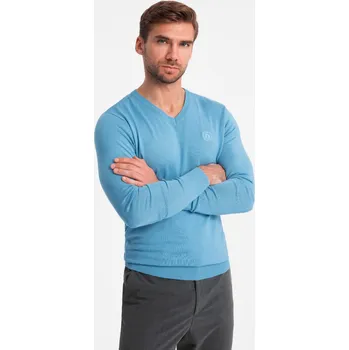 Pánský svetr Elegantní pánský svetr BASIC s výstřihem do V a viskózou - modrý V21 OM-SWBS-0107 - M