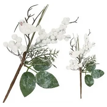 Vánoční dekorace Větvička s jeřabinami a ptáčkem 25,5cm, vánoční dekorace