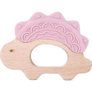 Kousátko Elpinio dřevěné kousátko se silikonovým dinosaurem - růžové