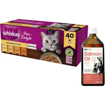 Krmivo pro kočku WHISKAS Adult sáčky 40 x 85 g Drůbeží hranolky + LAB V Lososový olej obohacený o vitamíny 500ml