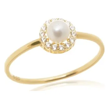 Prsten Prsten ze žlutého zlata s perličkou a zirkony PR0721F + DÁREK ZDARMA