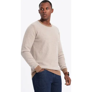 Pánský svetr Pánský pletený svetr RELAXED FIT se vzorem - světle hnědý V3 OM-SWSW-0111 - M