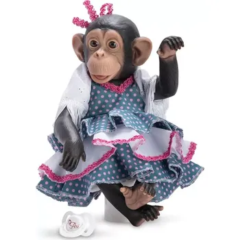 plyšák Šimpanzí slečna Lola v růžovo-modrých šatech s volánky od firmy Asivil ze Španělska (Vinylové tělíčko - 35 cm)
