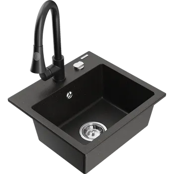 Granitový dřez Mexen Milo, 1-komorový granitový dřez 435x410x171 mm a dřezová baterie Elia, černá-zlatá metalíza, 6505-75-670101-70