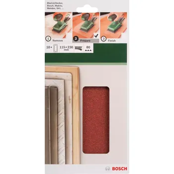 Brusný papír 10x Brusný papír na různé materiály Bosch 2609256B21 - 115x230mm, hr.80, 14 děr, pro vibrační brusku Bosch PSS 200 AC a další