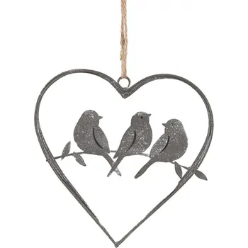 Kovová závěsná dekorace srdce s ptáčky – 14 cm