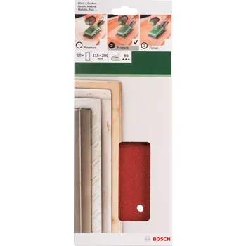 Brusný papír 10x Brusný papír na různé materiály Bosch 2609256B28 - 115x280mm, hr.80, 14 děr, pro vibrační brusku Bosch PSS 200 AC, PSM 200 AES a další