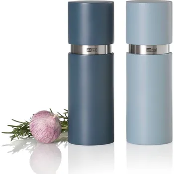 Mlýnek na koření AdHoc Set mlýnků na pepř a sůl Textura, CeraCut, dubové dřevo lakovaný šedý a modrý 15 cm