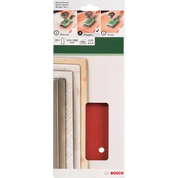 Brusný papír 10x Brusný papír na různé materiály Bosch 2609256B29 - 115x280mm, hr.120, 14 děr, pro vibrační brusku Bosch PSS 200 AC, PSM 200 AES a další