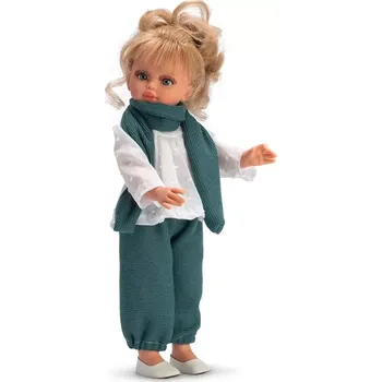 Realistická panenka SABRINA v bílé halence a modré pletené šále od firmy ASIVIL ze Španělska (Velikost 40 cm)