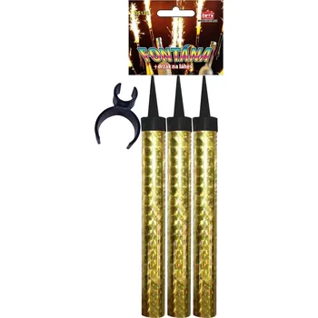 Zábavní pyrotechnika PÁRTY FONTÁNA na dort 12 cm + DRŽÁK NA LÁHEV - ZLATÁ - 3 ks 4/40/3