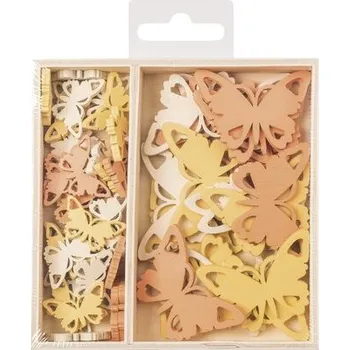 Vánoční dekorace Dřevěné ozdoby v boxu 54ks - motýlci - 2 velikosti, rozměr motivu: 2,5cm, 4,5cm.