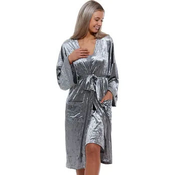 Dámský župan Šedo stříbrná sexy košilka a župan z teplého sametu - velur 1E8505 šedá s