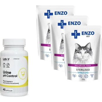 Krmivo pro kočku ENZO VET Sterilised dieta pro sterilizované kočky s krůtím masem v želé 3x100g + LAB-V Urine pH Control 45 tablet