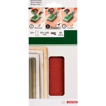 Brusný papír 10x Brusný papír na různé materiály Bosch 2609256A82 - 93x185mm, zr.80, 8 děr, pro vibrační brusku