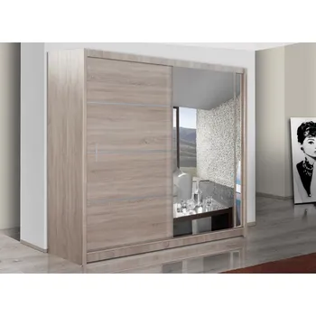 Šatní skříň Šatní skříň s posuvnými dveřmi SANDINO 203 cm, dub sonoma a zrcadlo