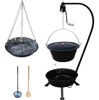 Kempingové nádobí Smaltovaný kotlík 13 L (1,2 mm) + poklice + smaltovaná pánev + vařečka + naběračka + přenosné ohniště