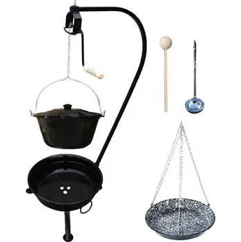 Kempingové nádobí Smaltovaný kotlík 10 L (1,2 mm) + poklice + smaltovaná pánev + vařečka + naběračka + přenosné ohniště