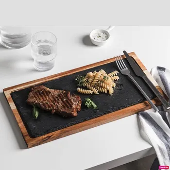 Servírovací podložka obdélníková dřevo a břidlice, 38x19cm