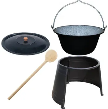 Kempingové nádobí Smaltovaný kotlík 16 L (1,2 mm) + nerezová poklice + vařečka + chránič plamene