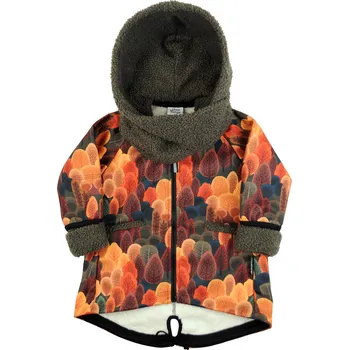 Kojenecká bunda softshellový kabátek se zelenou kapucí a šálou "podzimní les"