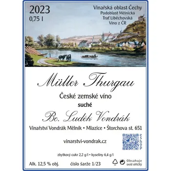 Víno Müller Thurgau 2023, české zemské víno, Vinařství Vondrák Mělník, suché