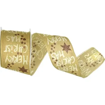 Stuha Vánoční stuha látková MERRY CHRISTMAS béžová 40 mm x 2m (7,50Kč/m) (Vánoční stuha látková, jednostranný potisk, s drátkem)