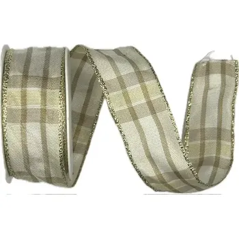 Stuha Vánoční stuha saténová ELEGANCE GOLD II krémová 25mm x 2m (12,-Kč/m) (Vánoční stuha saténová, se zlatými prvky, krémová, s drátkem v lemu)