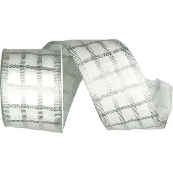 Stuha Stuha vánoční SILVER KARO bílá 40mm x 2m (14,-Kč/m) (Stuha taftová bílá, oboustranná stříbrná ražba, s vetkaným drátkem)