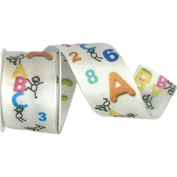 Stuha Stuha nadětská ABC bílá 40mm x 2m (14,-Kč/m) (Stuha taftová, narozeninová, barevný potisk, s vlascem v obou okrajíc)
